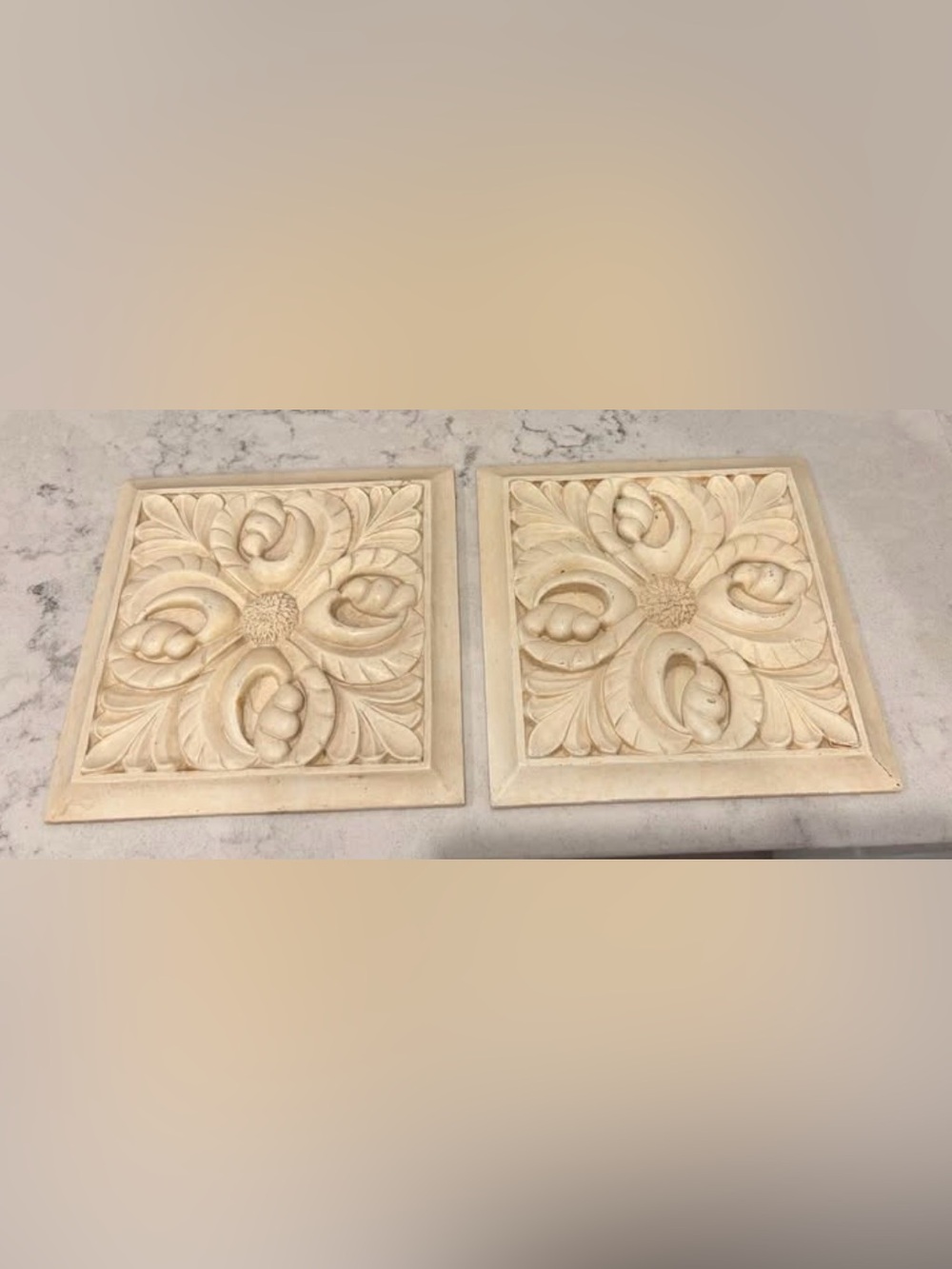 Ornate Floral Relief Wall Plaque Pair in Cream 8x8